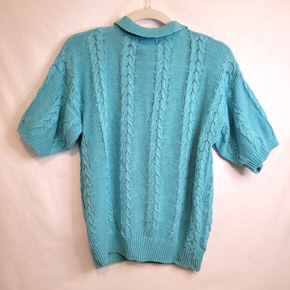 Vtg Yarnworks Teal Fold‑Over Collar Short‑Sleeve Linen/Cotton Sweater S Retro - Picture 2 of 8